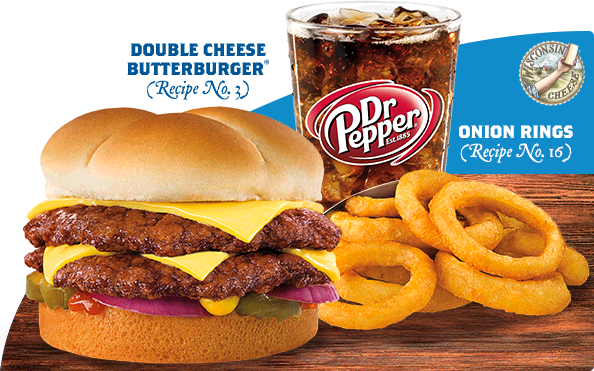 Double Cheese Butterburger, Dr. Pepper and Onion Rings Basket