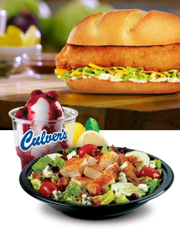 Culver's Atlantic Cod Filet Sandwich, Lemon Ice and Cranberry Bacon Bleu Salad with Grilled Chicken